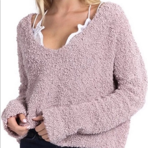 FREE PEOPLE Popcorn Pullover Sweater Fuzzy Top Crop Cropped Knit Blouse Mauve - Picture 11 of 11